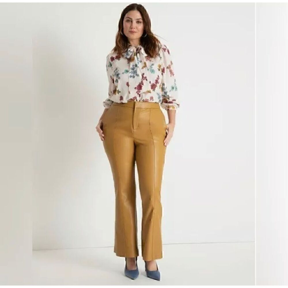 ELOQUII Brown Tan Faux Leather Flare Pants Size 16 Wide Leg Bootcut